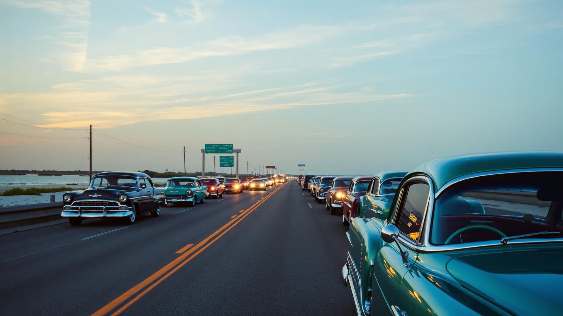 Classic cars cruising along the Mississippi Gulf Coast highway at sunset during Cruisin the Coast