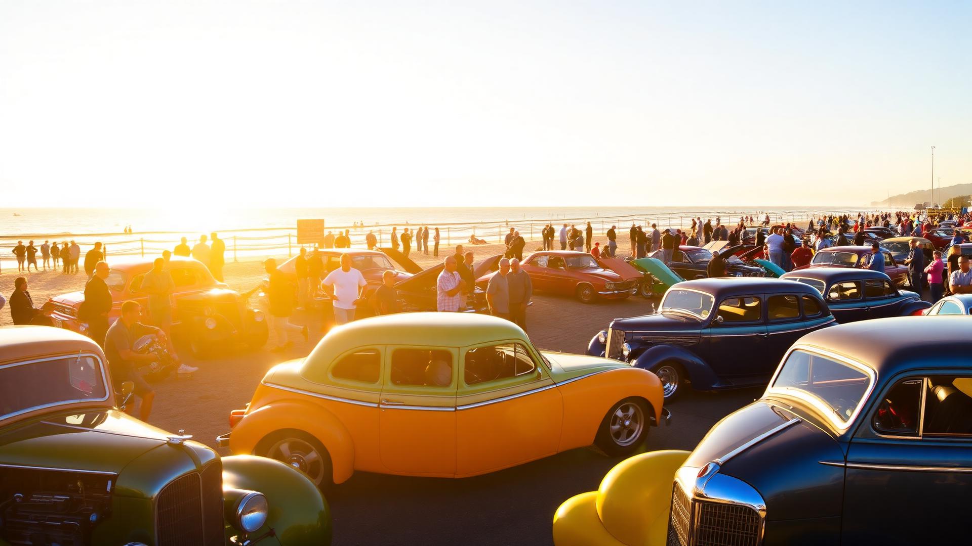 Hot rods and muscle cars on display at a beachside car show with crowds admiring the vehicles