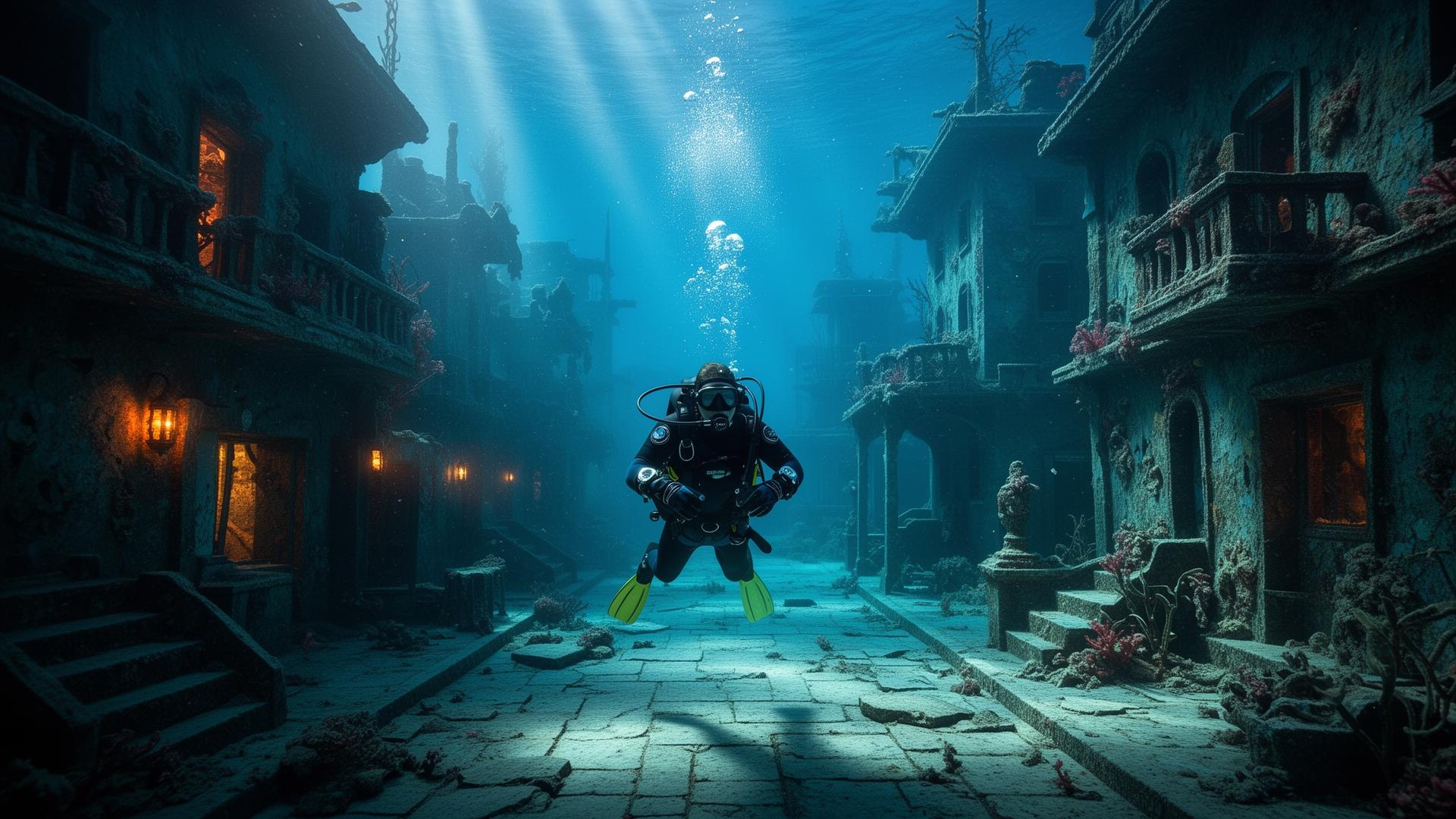 Diver exploring submerged streets and buildings in Deep Dive Dubai underwater city