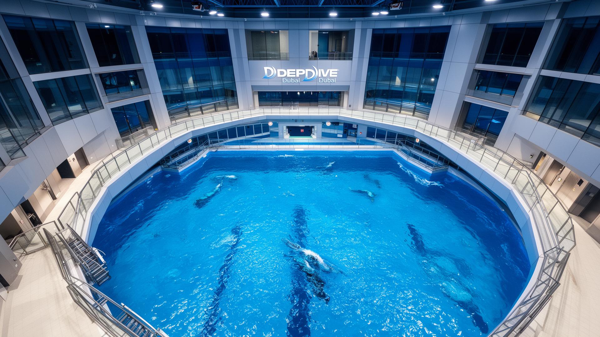 Deep Dive Dubai facility with modern architecture and deep blue pool from above