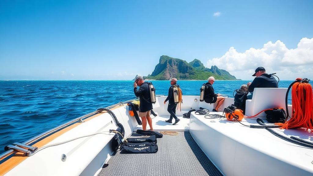 Dive boat with divers preparing equipment near tropical island