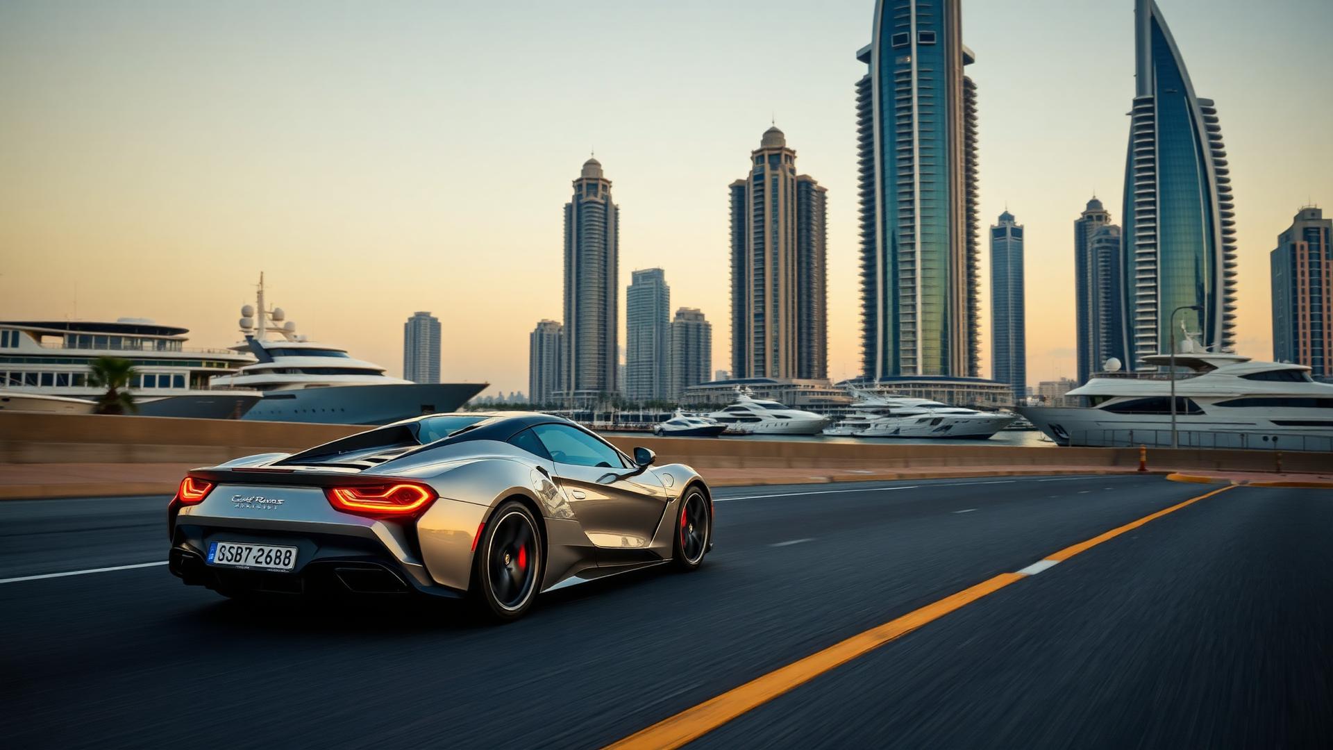 Sports car driving along Dubai Marina waterfront with skyscrapers and yachts