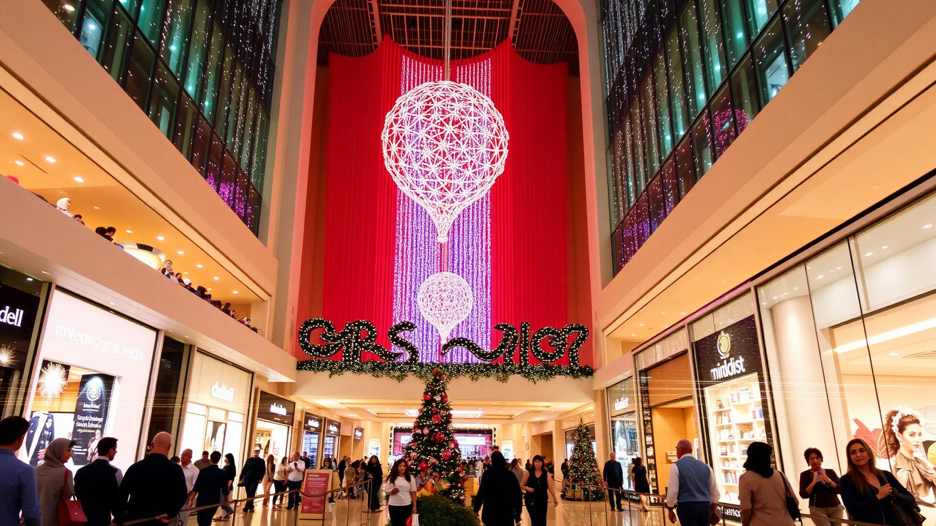 Dubai Shopping Festival illuminated luxury mall interior with festive decorations