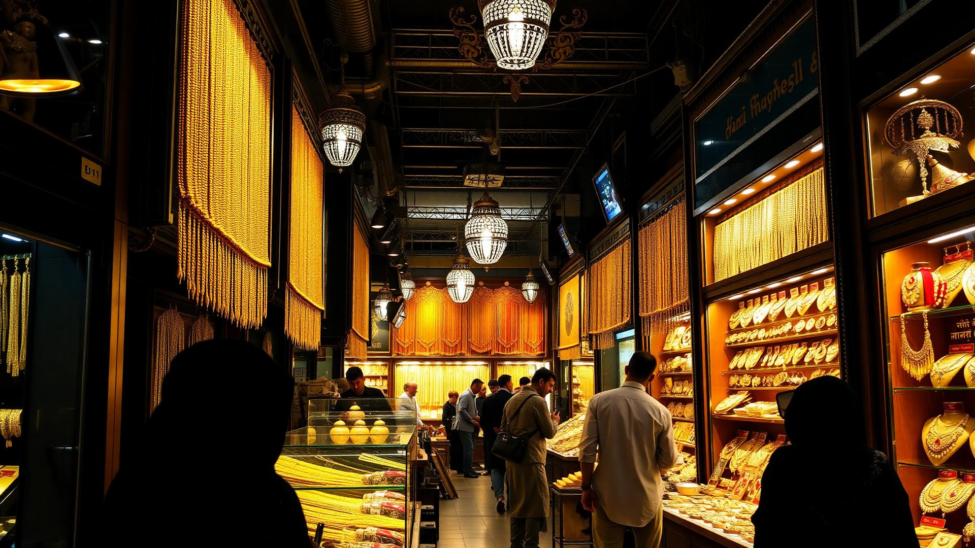 Dubai Gold Souk market with traditional gold jewelry displays and shoppers
