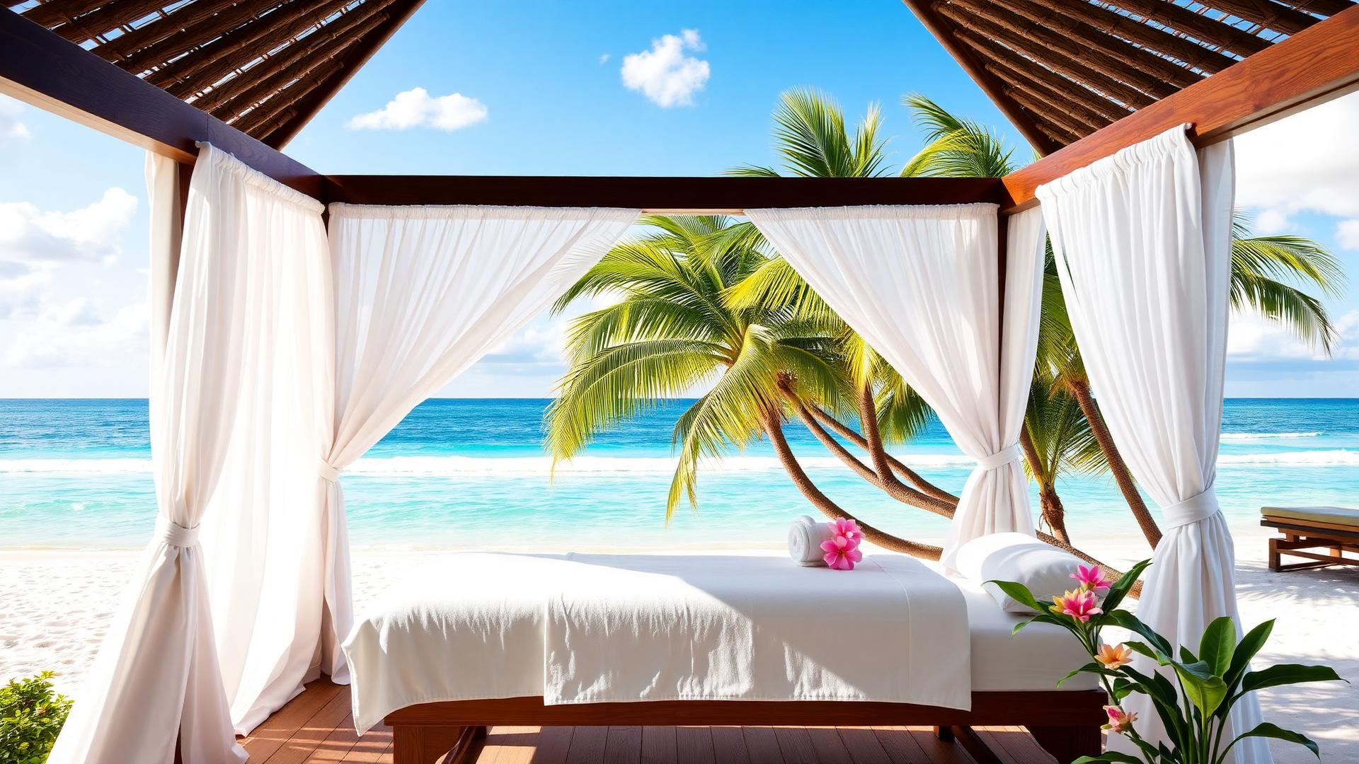 Luxury beachfront spa cabana with ocean view at Eau Palm Beach