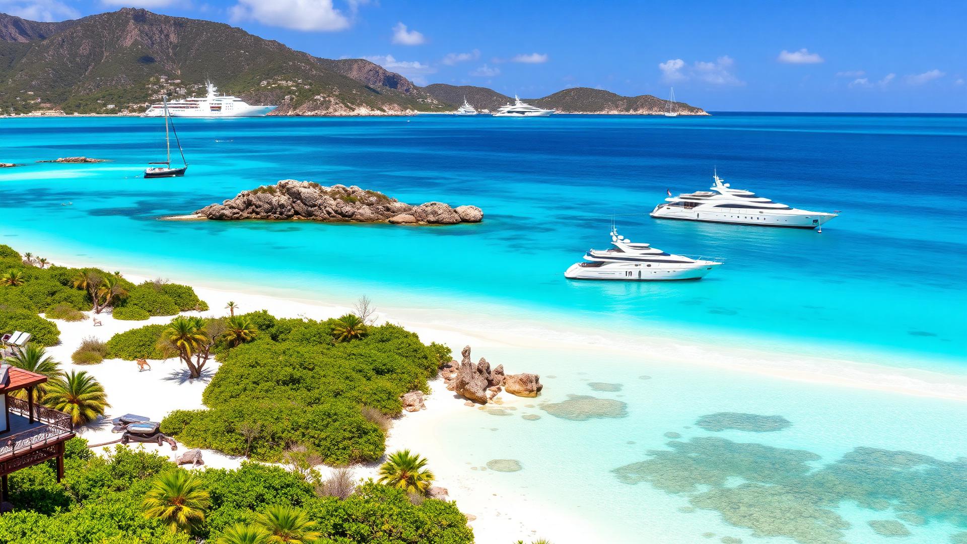 St. Jean Bay beach with luxury yachts anchored offshore in St. Barths