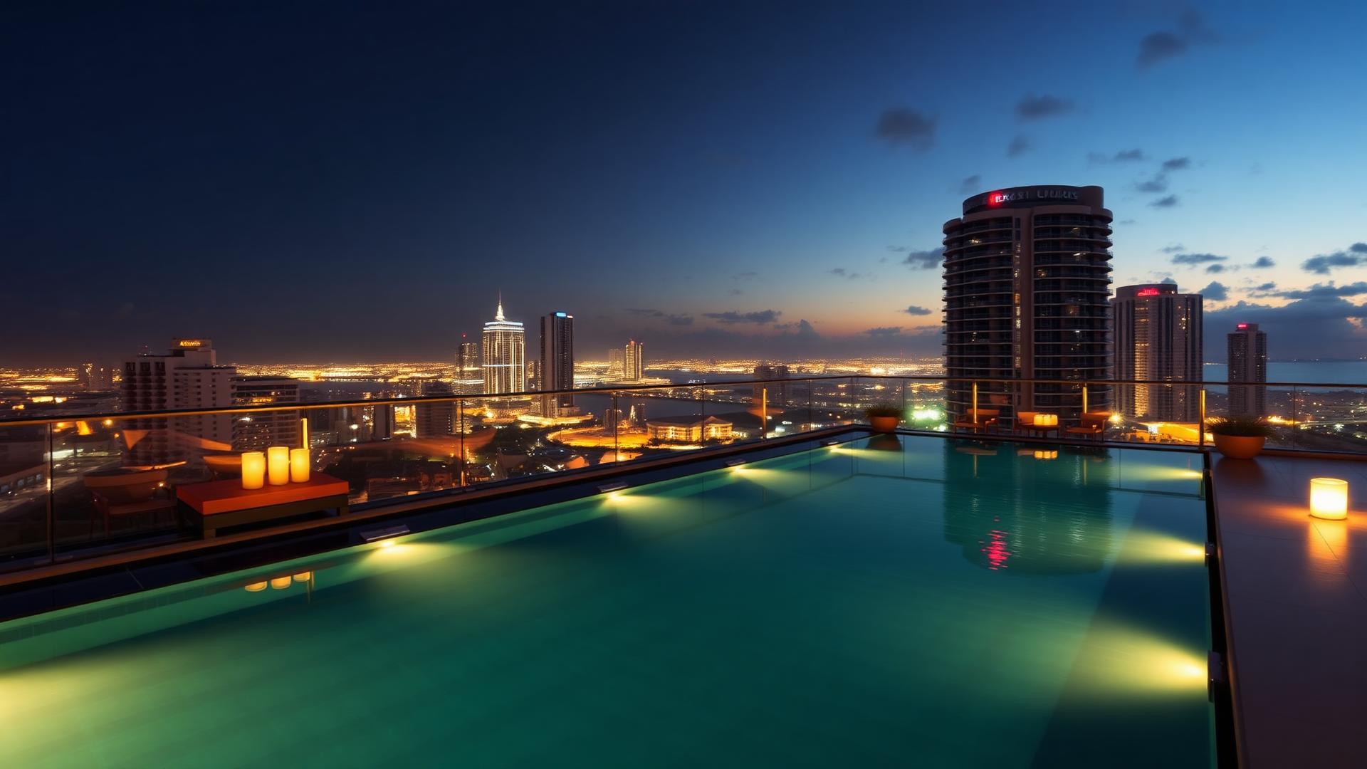 Luxury hotel rooftop pool at night with Miami Beach skyline