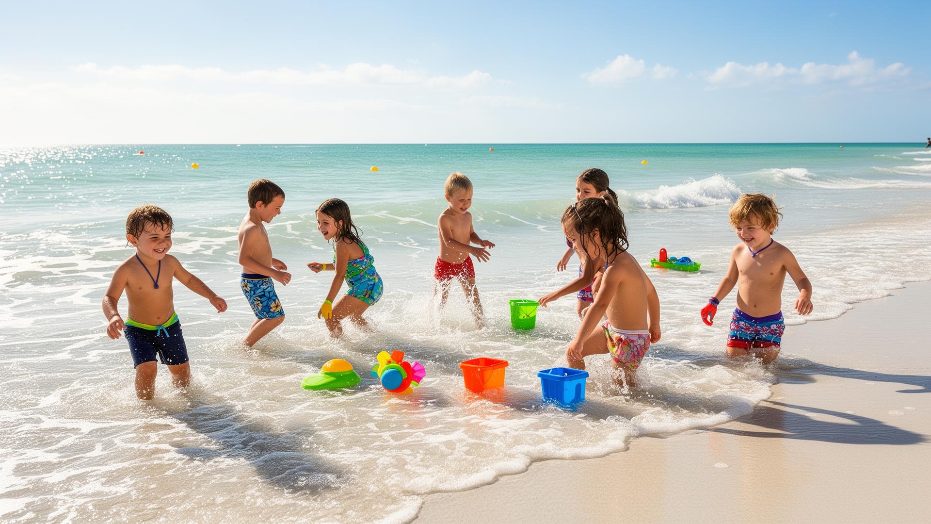 Children playing in shallow waves at a family-friendly Florida beach with colorful beach toys