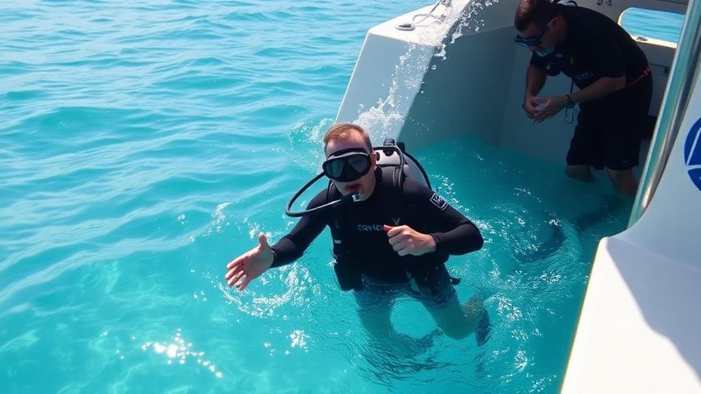 Beginner scuba diver entering clear tropical water from boat with instructor nearby