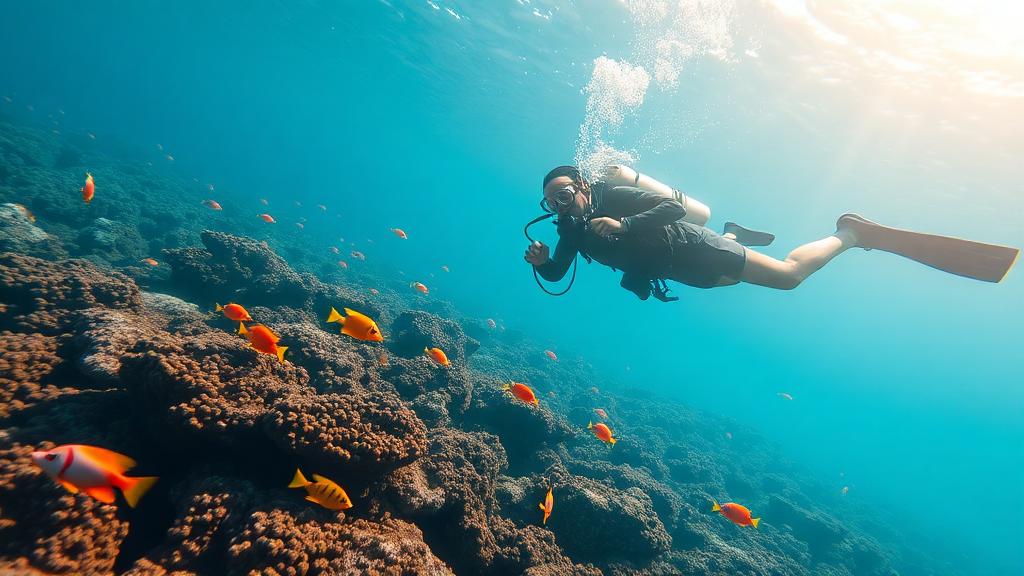 New scuba diver exploring shallow coral reef with colorful tropical fish