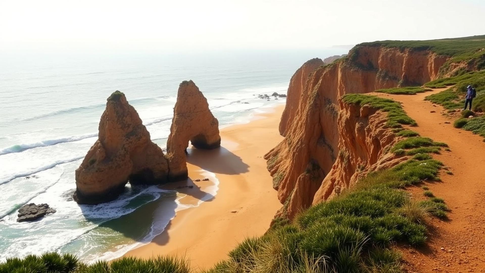 Secluded beach cove with sea stacks along Rota Vicentina trail in Portugal