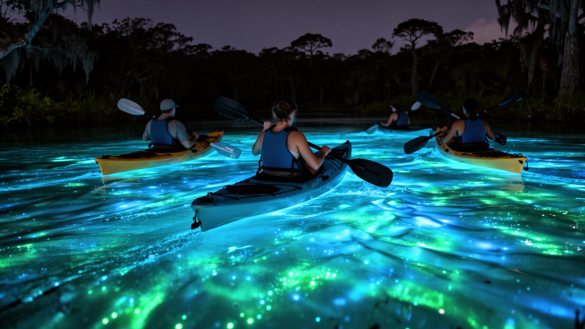 Kayakers paddling through bioluminescent glowing blue-green water in Florida lagoon at night