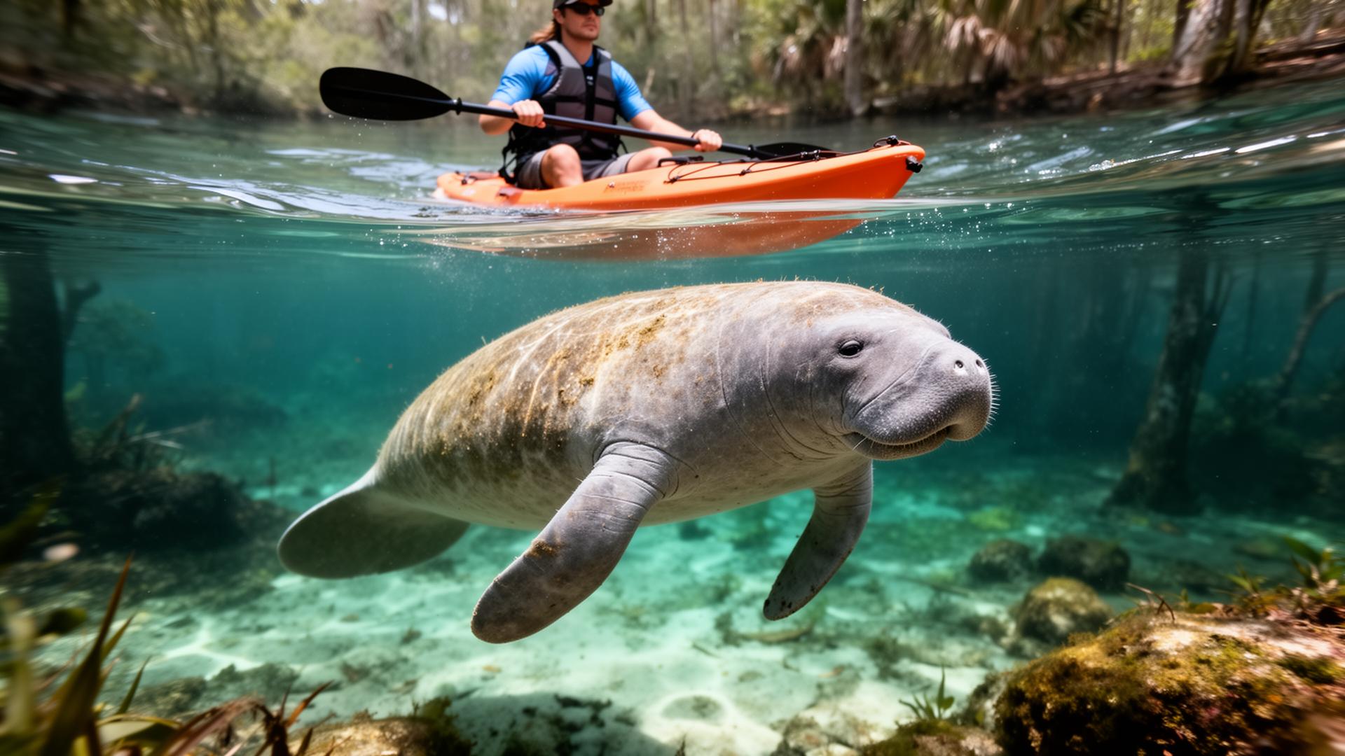 Florida manatee swimming in crystal clear spring water with kayaker above