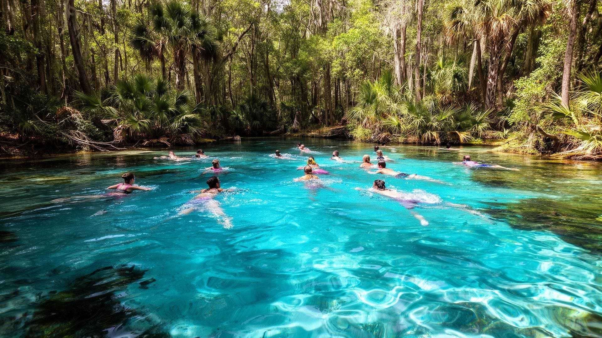 Swimmers in crystal clear 72-degree Florida natural spring with turquoise blue water surrounded by forest