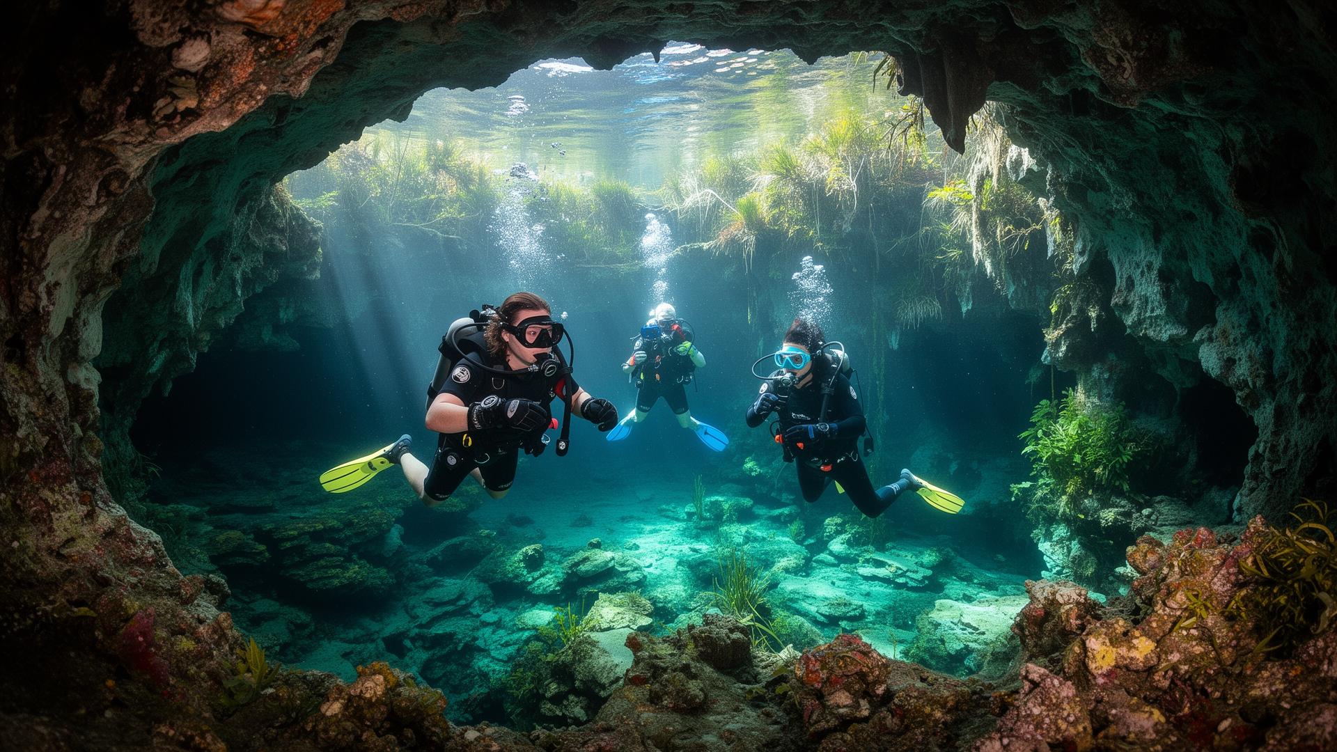 Underwater cave entrance at Florida freshwater spring with divers exploring