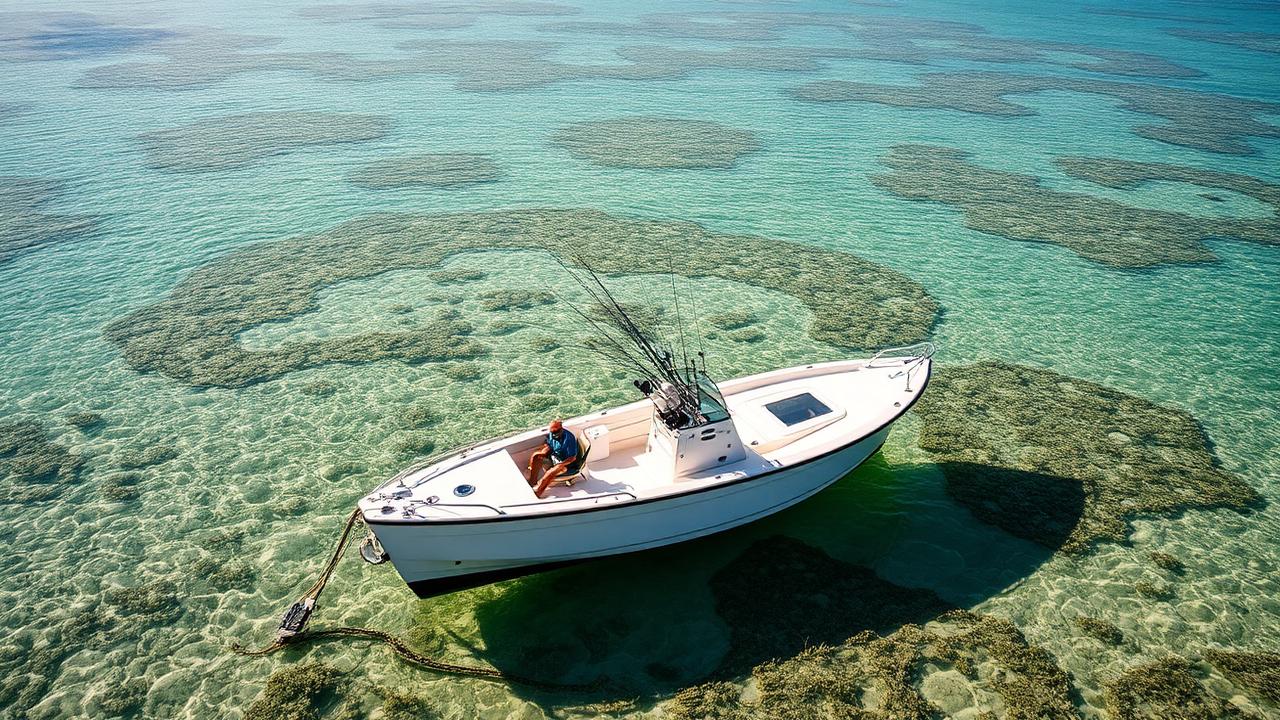 Inshore fishing boat in a secluded Forgotten Coast bay with clear water