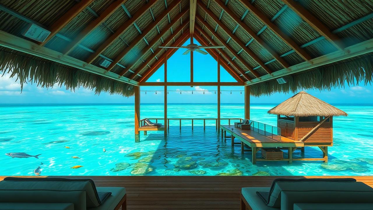 Glass-bottom overwater bungalow with tropical fish in the lagoon below