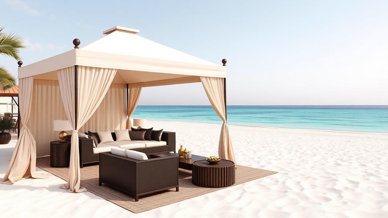Private beach cabana on pristine white sand at Dubai beachfront resort