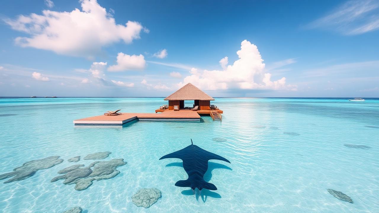Maldives beach villa with manta ray in crystal clear water