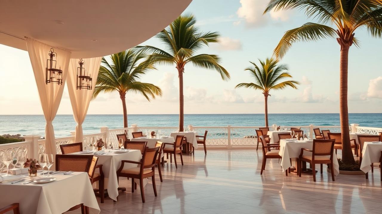Elegant beachfront dining terrace with ocean views at Palm Beach resort