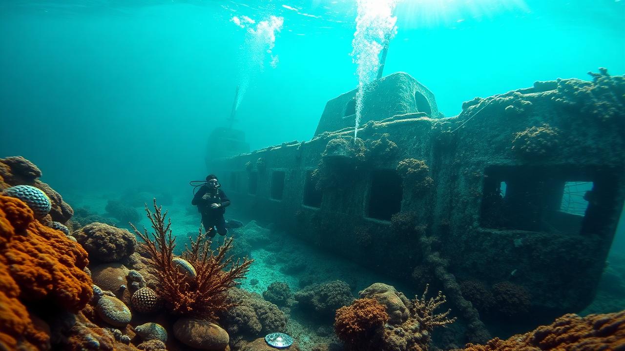 Scuba diver exploring a sunken ship covered in coral and marine life in Florida waters