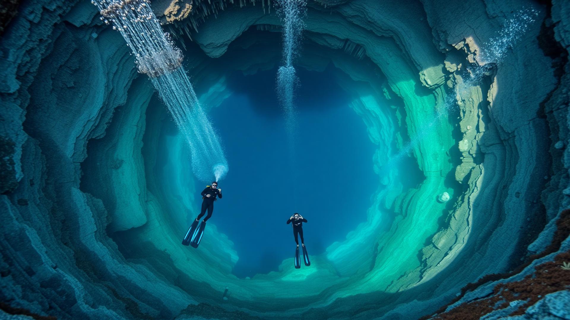 Divers descending into the Great Blue Hole with limestone walls and stalactites