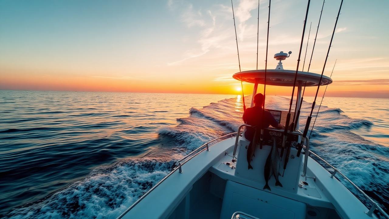 Charter boat heading out at sunrise on calm Gulf of Mexico waters