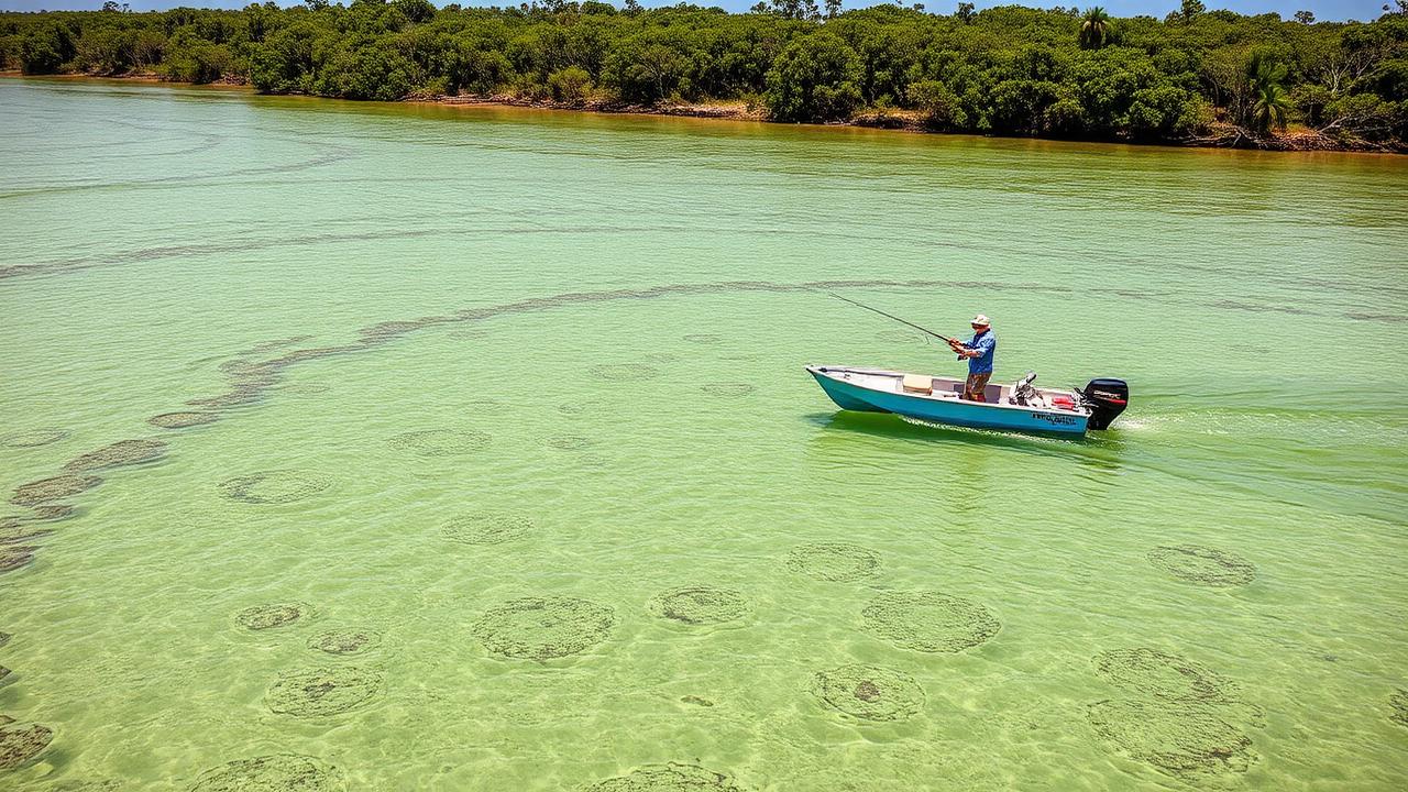 Inshore fishing in a Gulf Coast bay with shallow green water flats