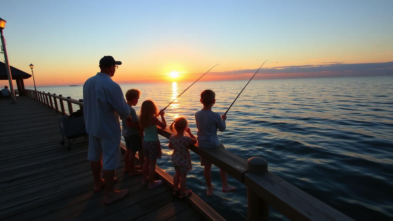 Family fishing at Gulf State Park pier at sunset
