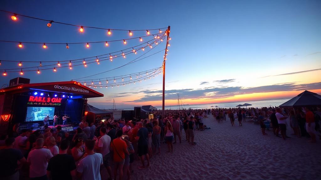 Beach party crowd with live music and string lights at Gulf Shores sunset