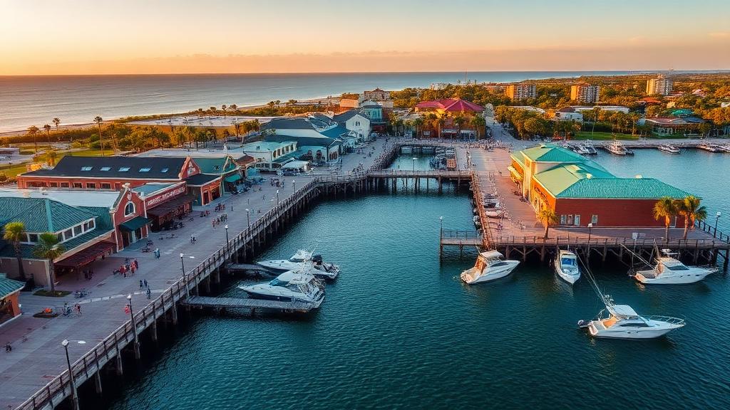Aerial view of HarborWalk Village boardwalk along Destin Harbor at golden hour