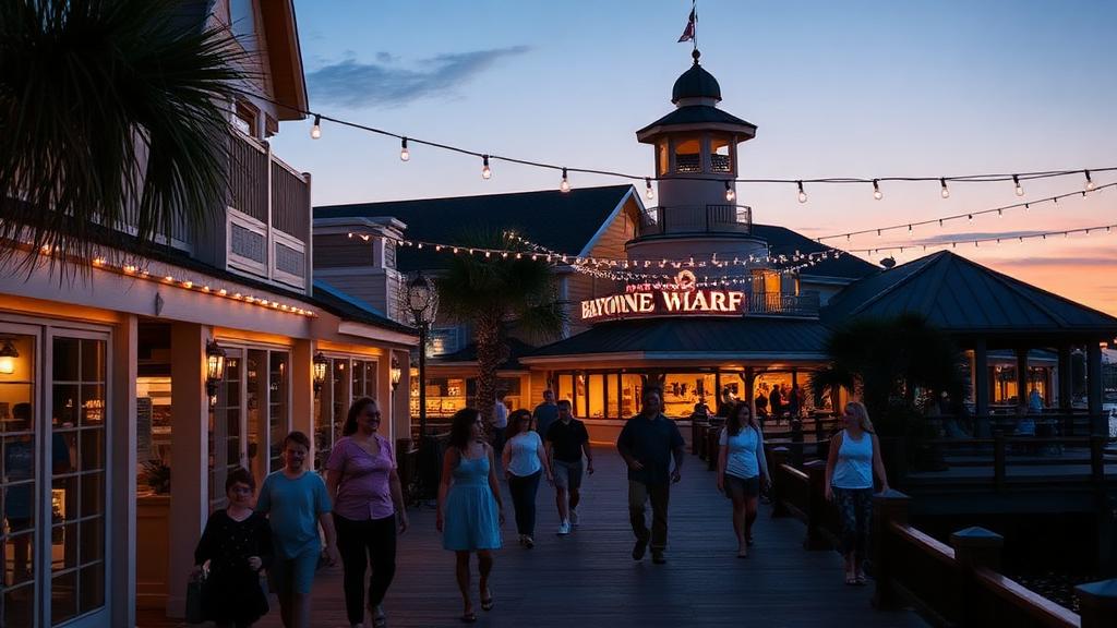 Baytowne Wharf village at dusk with string lights and waterfront shops
