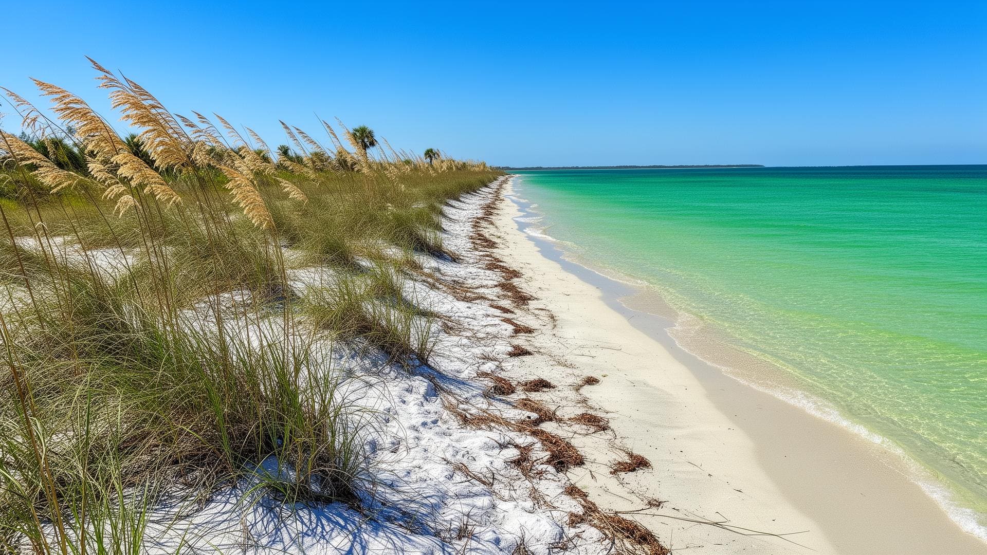 Secluded Florida beach with sea oats and emerald green water