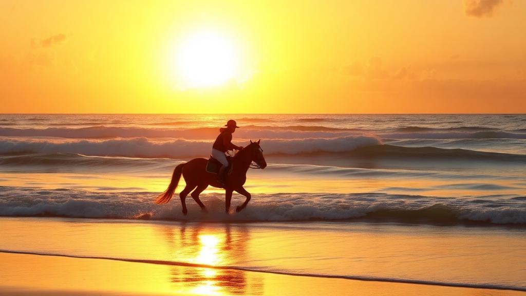 Horseback rider galloping along a tropical beach at sunset
