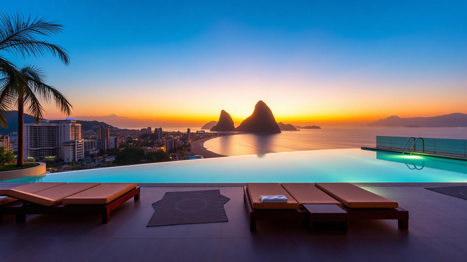 Rooftop pool overlooking Ipanema Beach and Sugarloaf Mountain at sunset