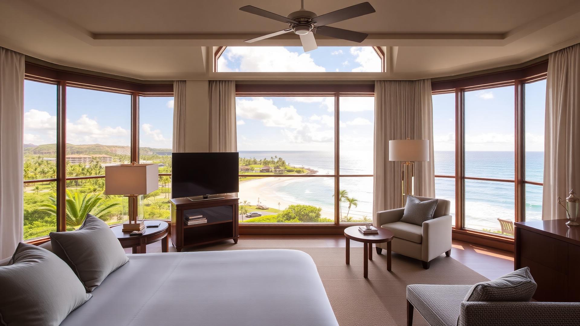Elegant suite interior at Hotel Wailea with ocean view through panoramic windows