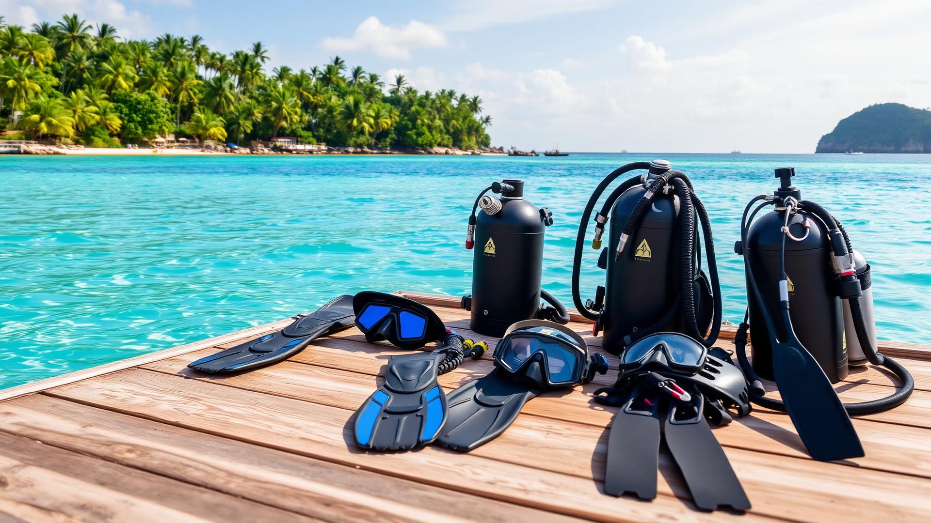 Scuba diving equipment laid out on tropical beach dock