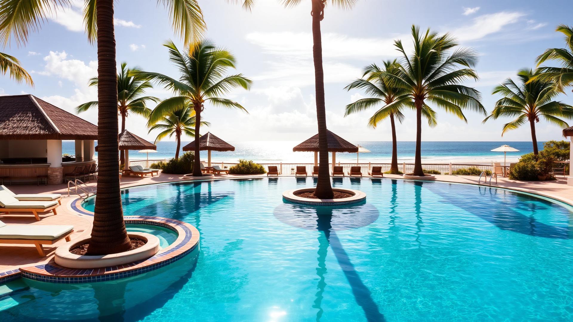 Luxury resort pool area in Aruba with swim-up bar and Caribbean ocean view