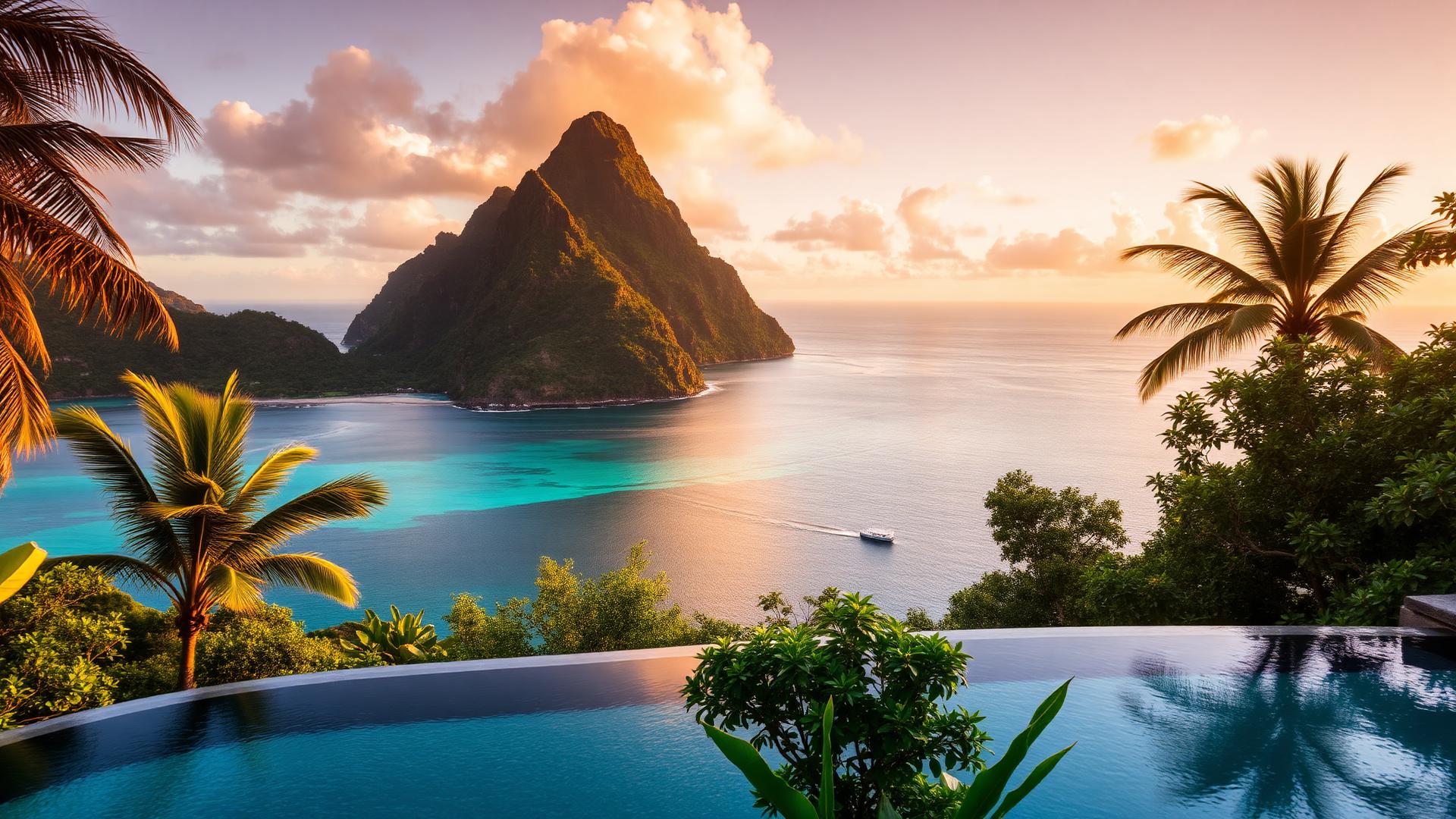 The Pitons in St Lucia viewed from luxury resort with lush tropical vegetation