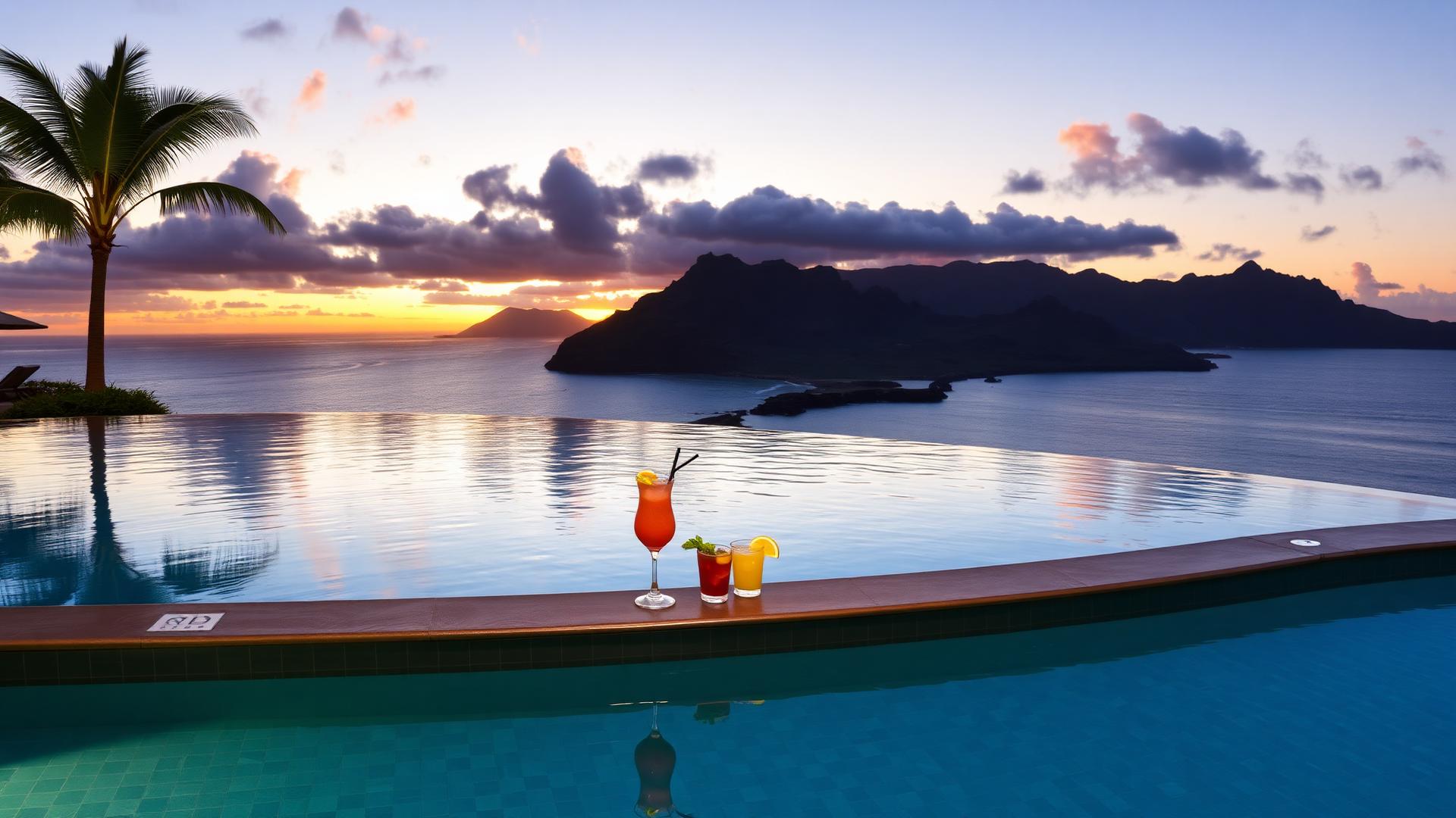 Luxury Hawaiian resort infinity pool at sunset on the Kona coast