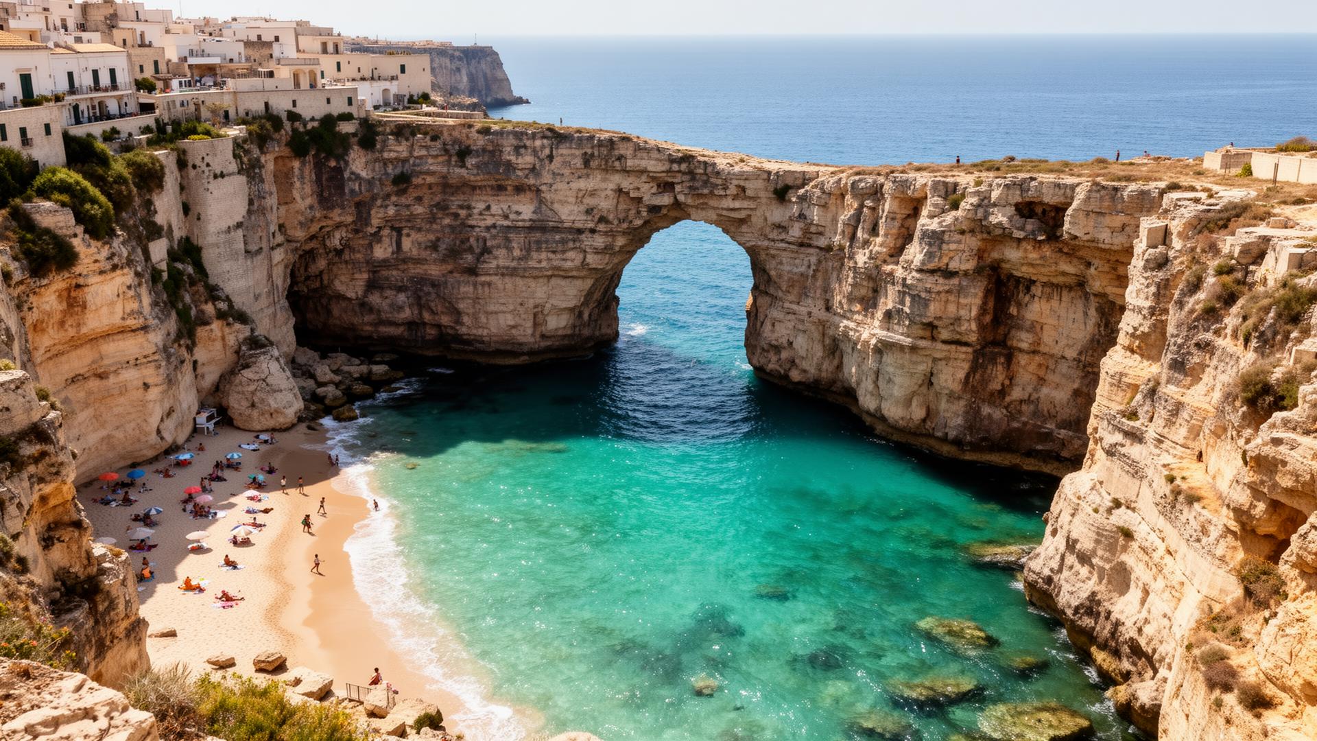 Natural rock arch framing turquoise Adriatic water at Lama Monachile beach in Polignano a Mare