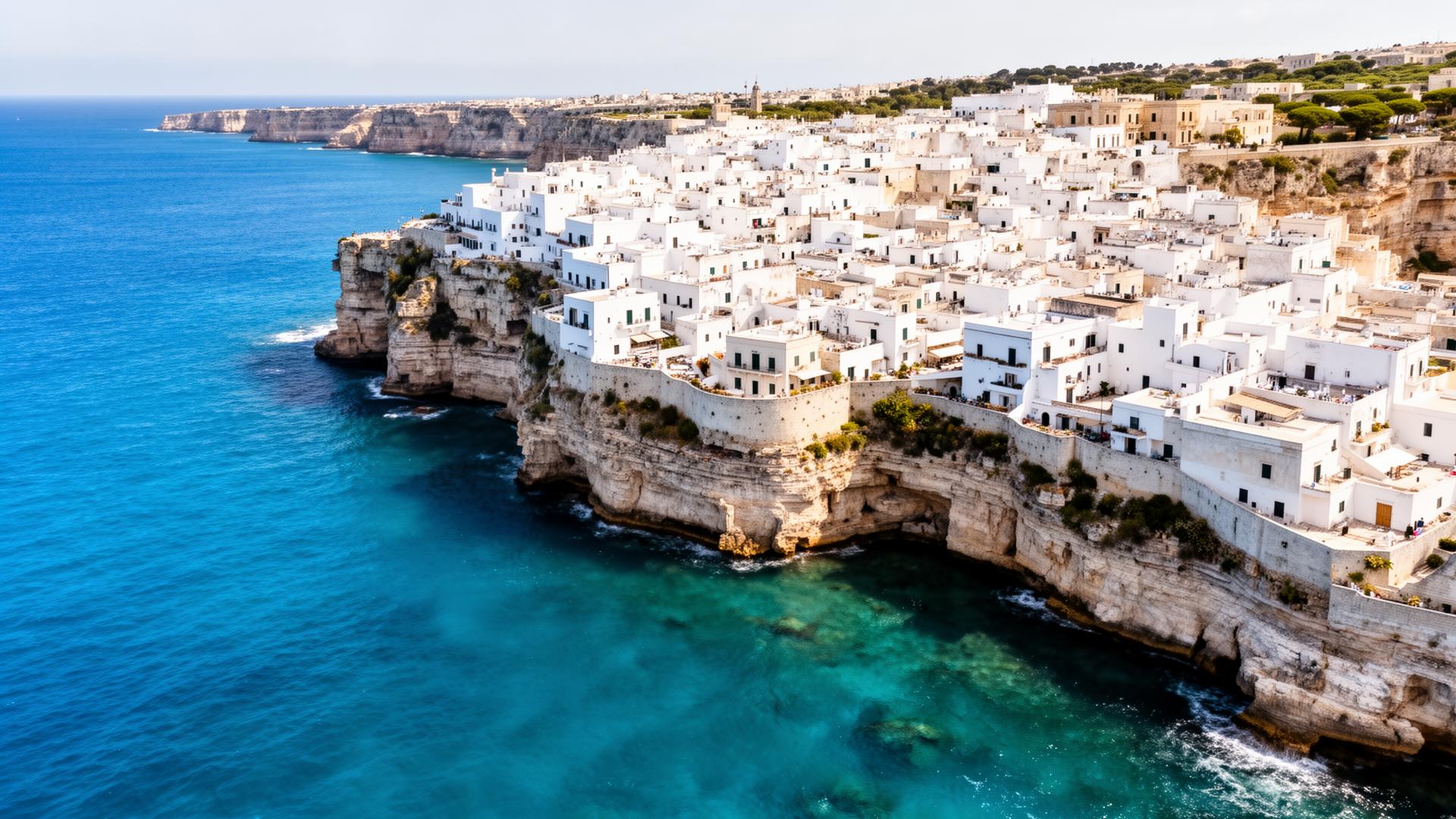Aerial view of Polignano a Mare's white buildings perched on Adriatic sea cliffs