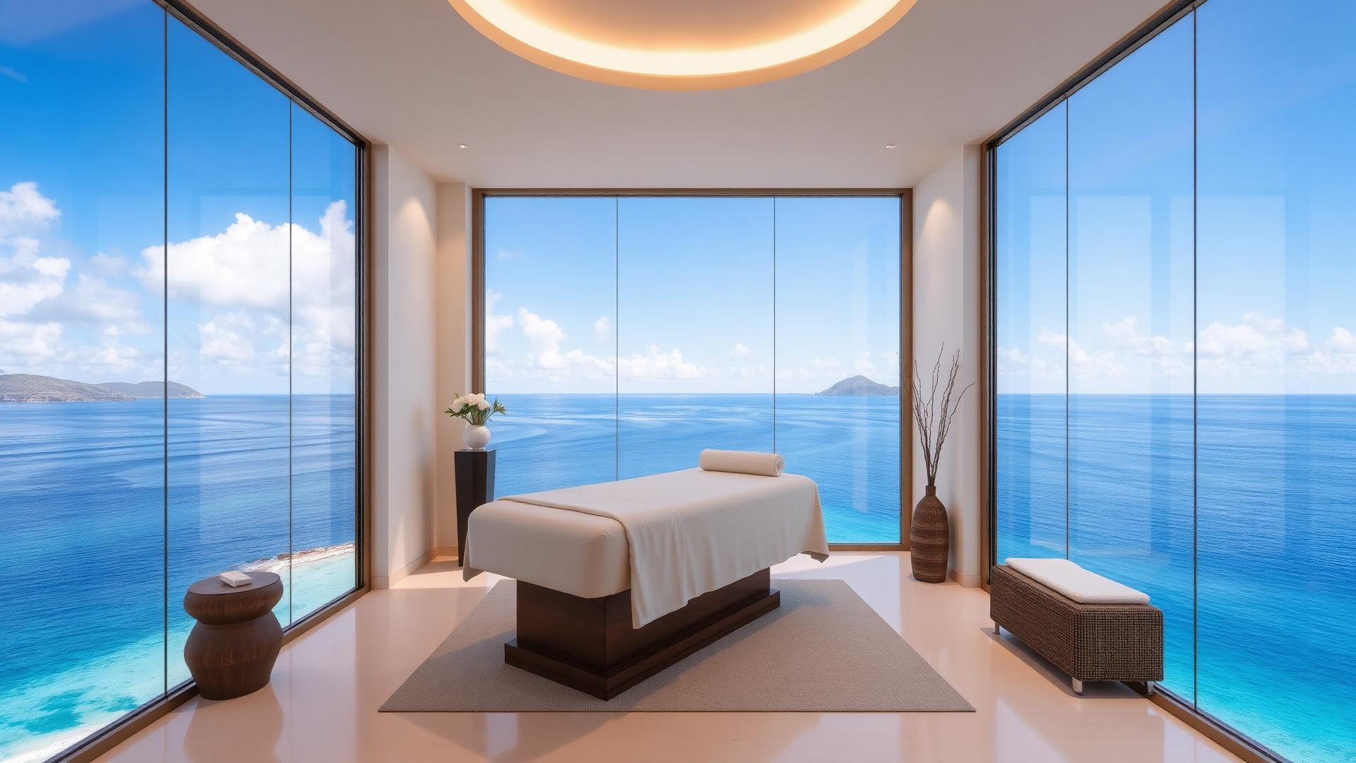 Luxury spa treatment room overlooking Caribbean Sea in St Barts