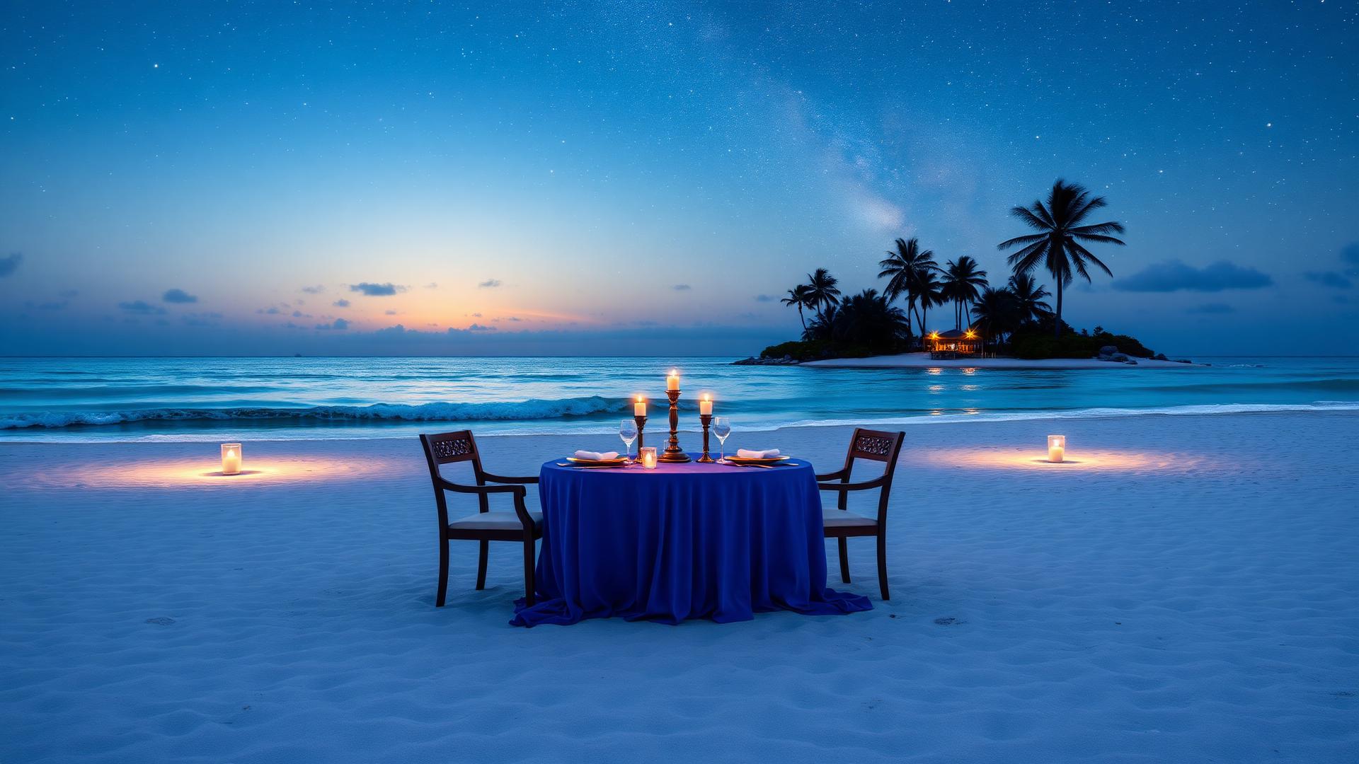 Romantic beachfront dining on private island in Florida Keys under starry sky