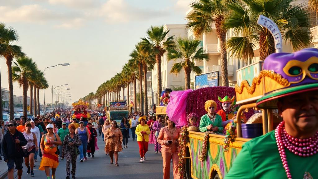 Colorful Mardi Gras parade with floats along a Gulf Coast palm-lined boulevard
