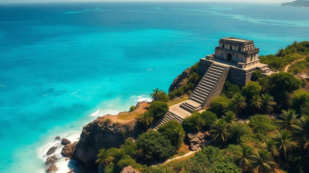 Ancient Mayan ruins of Tulum perched on cliffs above the turquoise Caribbean Sea
