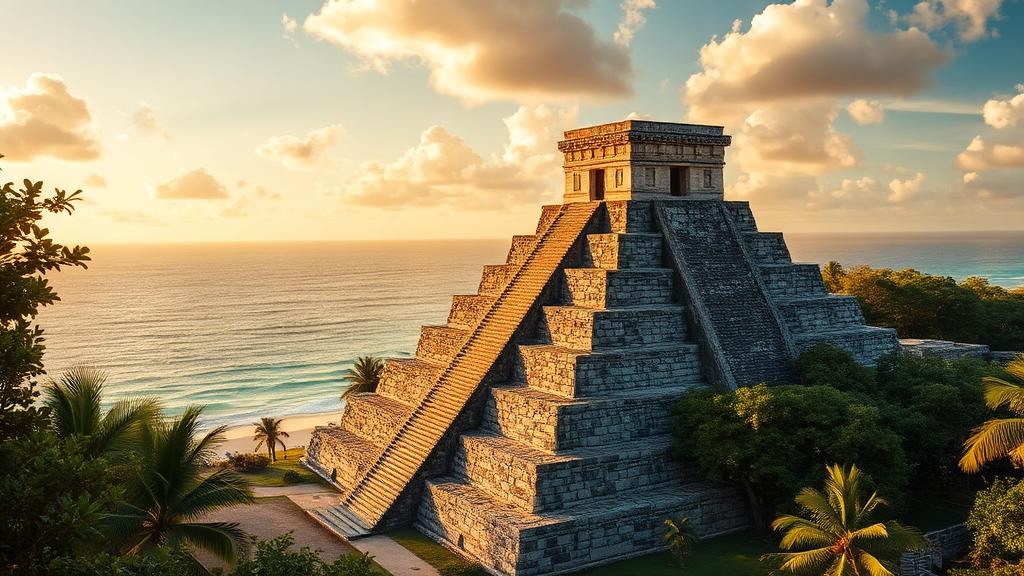 Mayan pyramid temple near the beach surrounded by jungle in the Riviera Maya