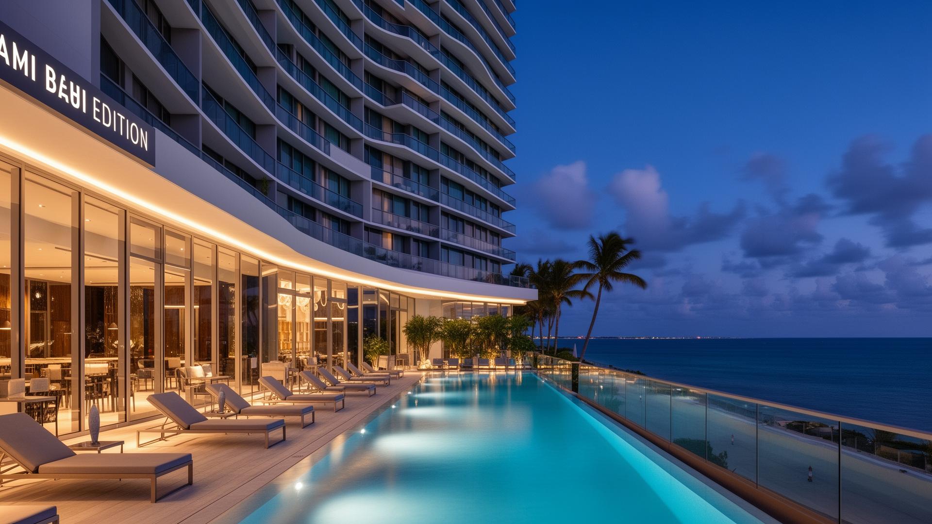 The Miami Beach EDITION hotel exterior at dusk with illuminated pool and oceanfront views