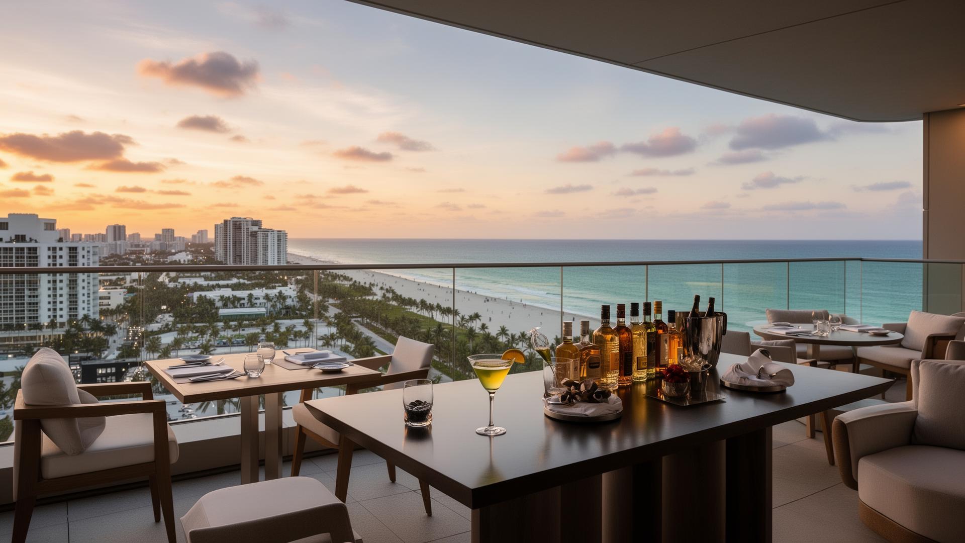 Rooftop bar with cocktails and panoramic ocean view at The Miami Beach EDITION