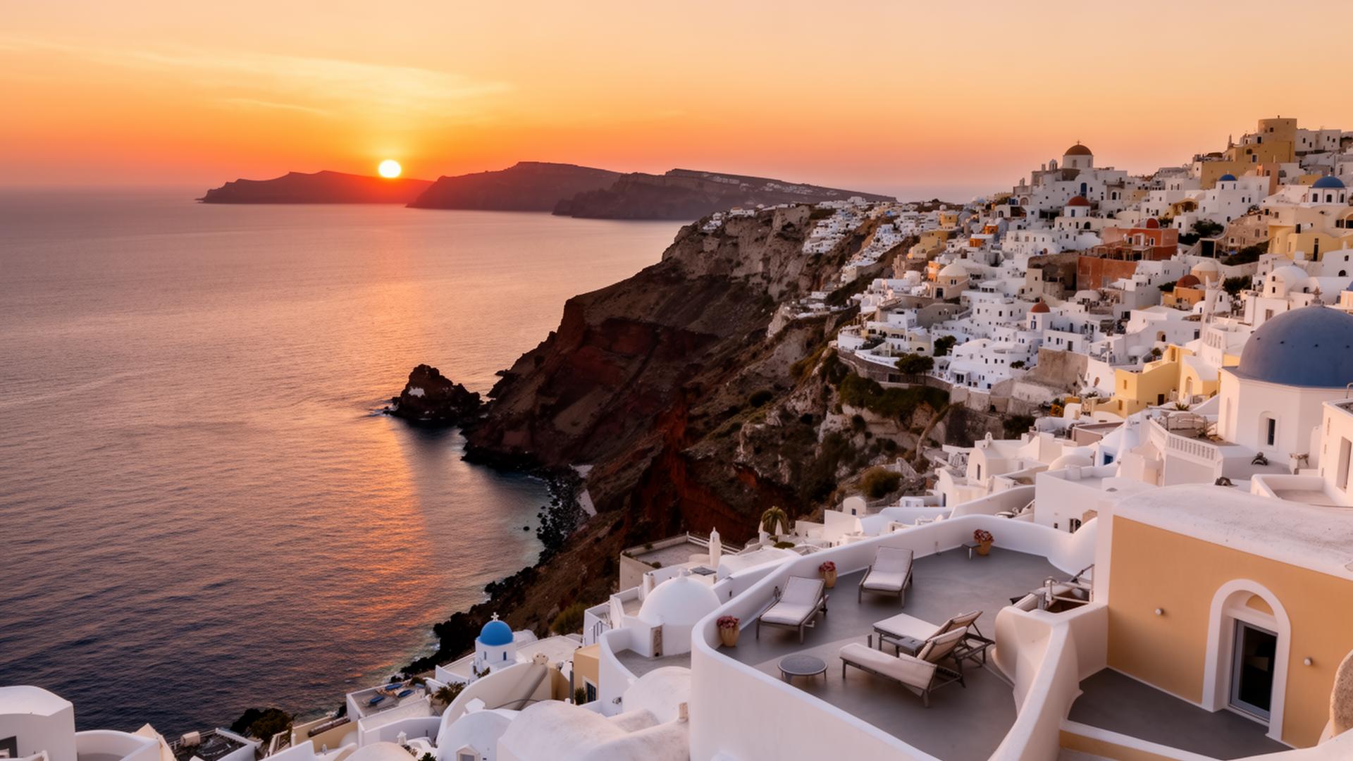 Santorini caldera view at sunset from luxury cave hotel terrace in Oia